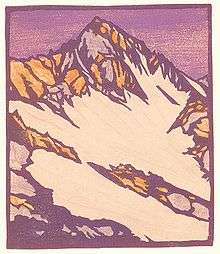 woodblock print showing a glacier in California's Sierra Nevada