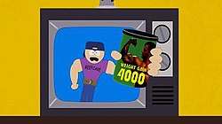 A muscular man on TV with the text "Beefcake" on his shirt, holding a weight supplement titled "Weight Gain 4000"