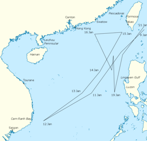 Map of the South China Sea region, marked with the route taken by the Third Fleet and the locations of cities and other locations mentioned in the article