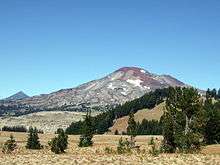 South Sister, which features patches of snow and ice, can be seen above a plain. Forest is visible in the foreground.
