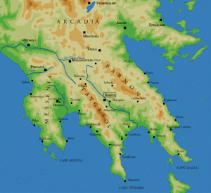 A map of the southern and central Peloponnese, the southernmost area of Greece. Most of the cities mentioned in the article text are shown.