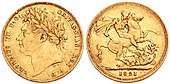 a gold coin, a British sovereign depicting the depiction of a man's head on one side and St George and the Dragon, dated 1821
