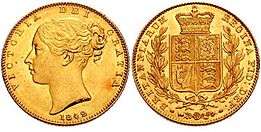 Gold coin with a woman's head on one side and a heraldic shield within a wreath on the other