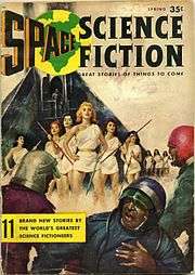 Cover shows four women in short gowns  holding spiked poles and facing three men in helmets, one of whom has turned away with his hand on his chest. There are more women standing near a rocket in the background.
