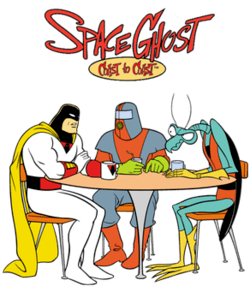 Space Ghost, Moltar, and Zorak sit around a coffee table