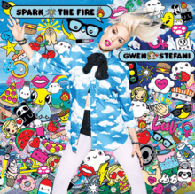 Stefani is shown wearing a cloud-patterned shirt while standing in front of a picture covered in emojis