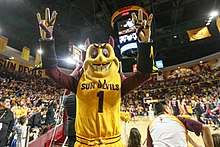 Sparky the Sun Devil mascot at an ASU basketball game in 2016
