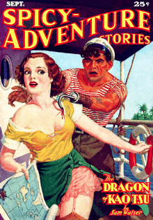 Cover of Spicy-Adventure Stories, showing a woman with torn clothing running away from a hook-handed sailor.