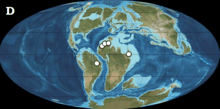 Locations of spinosaurid fossil discoveries (not including Oxalaia) marked on a map of Earth during the Albian to the Cenomanian