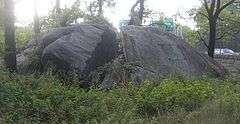 A photograph of a very large rock, about the size of a small truck, that has a large fissure in the middle. The rock is surrounded by trees and other vegetation.