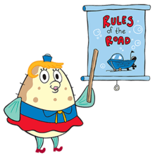 Mrs. Puff pointing to a poster titled "Rules of the Road" with her ruler