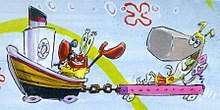 A painting of Mr. Krabs and Pearl talking to each other on the telephone while traveling on their caravan boat