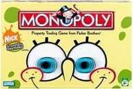 A yellow box-top. Across the top a red rectangle with the word "Monopoly" stretching with all white caps and a man in a top hat, tuxedo and cane coming out of the second "o". Sporratic green blob appear as the wholes of SpongeBob and centered on the bottom of the box is SpongeBob's mouth, nose and eyes. The pupils of the eyes are blurred to create a moving effect.