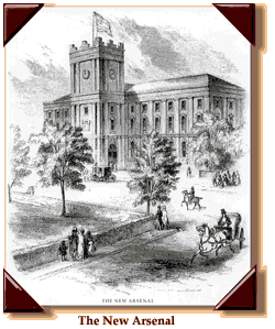 An engraving depicting a three story rectangular building with a tower protruding from the center of the front (long side). The building is in a garden setting where people are seen promenading.