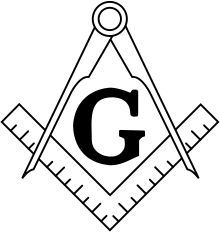 A set square and drawing compass, surrounding the capital letter G