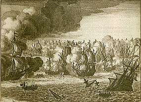 "Zee-Slag tussen de Engelse en Nederlandtse Vloot, op den 4. Aug. 1666"; Engraving showing the St. James Day Fight August 4th, 1666 between English and Dutch Ships