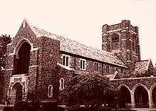 A black-and-white image of the church building in 1955.