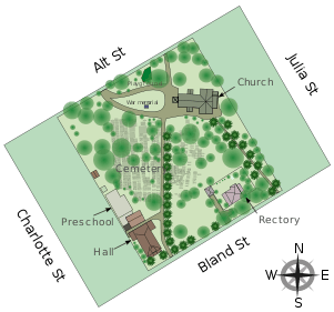 Vector graphics site map with streets, buildings, the cemetery, pathways, and trees marked.