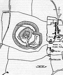 Drawing showing two concentric almost circular rings near the centre. The church and other buildings of the village are to the right.