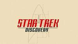 Against a beige background featuring the Starfleet logo, the words Star Trek are written in red with the word Discovery written in black underneath.