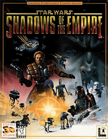 Star Wars: Shadows of the Empire cover art. The game's title takes up the top quarter of the image, with the remaining area consisting of a montage of characters spread across the bottom. The game's protagonist, Dash Rendar, is prominently featured.