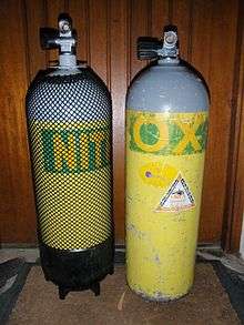 Two cylinders stand next to each other. On the left is a round-bottomed 15-litre steel cylinder with a plastic boot, and on the right a flat-bottomed 12.2-litre aluminium cylinder without boot. Both cylinders are the same outside diameter (203&nbsp;mm), but the smaller-volume aluminium cylinder is slightly higher than the larger-volume steel cylinder, even though the steel cylinder is standing on a boot and has a rounded bottom.