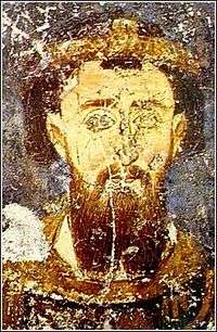 Slightly damaged painting of a bearded middle-aged man, wearing a golden diadem