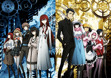 An illustration of the main cast, with clockwork as the background.