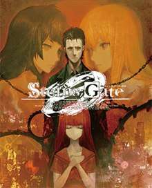 The cover art features a young man dressed in black, standing in the center, behind a young girl. They are surrounded by gears and chains, and to either side of them are large illustrations of the heads of two young women, faded into the orange background. The white logo shows the text "Steins;Gate" in front of a large "0".