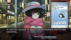 A screenshot showing a character sprite on top of a background depicting a street scene. In the top left corner, the in-game date is displayed, and on the right is the player's phone, which displays a conversation with another character. On the bottom of the screen is a text box which displays narration and dialogue.