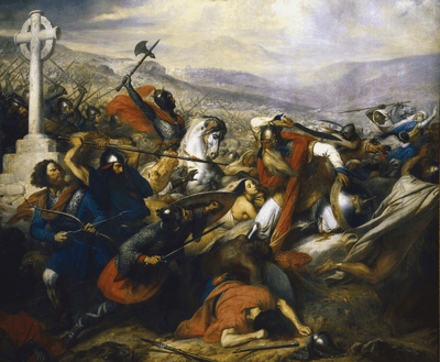 Oil painting showing Frankish knights and foot soldiers charging the fleeing Muslim army