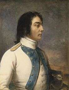 Side portrait of a man in white coat, with unpowdered hair.