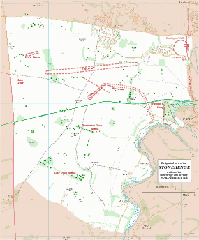 Map showing the boundary and key sites on the Stonehenge section of the Stonehenge and Avebury World Heritage Site, with Vespasian's Camp on the eastern edge of the site