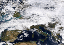 This image shows European windstorm/winter storm David/Friederike on 18. January 2018, approximately centered above the Benelux or Western Germany