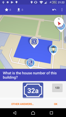 A map with different colored icons on it, currently a quest about a house number