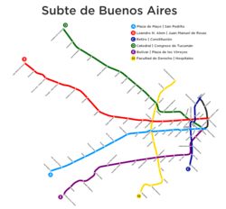A map of Buenos Aires Underground lines currently in operation