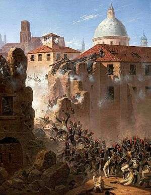 Painting of French grenadiers storming through a breach in a city wall as defenders fire from the windows of nearby houses