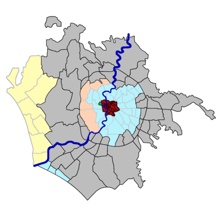 A colour-coded map of the subdivisions of the city of Rome, Italy, organised by the type of subdivision