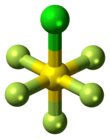 Ball-and-stick model of the sulfur chloride pentafluoride molecule