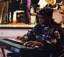 Left profile of Sun Ra, sitting and playing a keyboard.