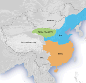 Map of China in 1141 with Jin dynasty controlling the north and Southern Song dynasty controlling the south