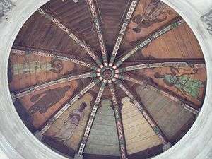 "Circular coffered ceiling divided into twelve sections radiating from the center. Nine sections have Greek figures painted on wood insets. Three are blank and have no figures.