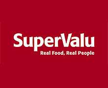 A red square bearing the SuperValu name in white, with the slogan 'Real Food, Real People.' written below in smaller type.