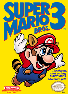 Mario is seen flying using the "Raccoon Mario" power-up over a yellow/gold background. The Game's logo appears on the top and the game's tagline appears on the bottom.