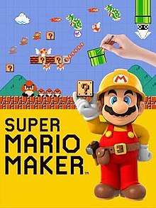 Mario, wearing a construction worker outfit is holding a ? Block next to the game's logo. On the top a hand is making a course done in the style of the original Super Mario Bros. for the NES.