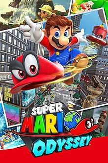 The box art shows Mario, a cartoon-like mustachioed man, jumping and throwing his anthropomorphic hat Cappy towards the viewer. Behind them is a collage consisting of screenshots from different areas from the game, including a large picture of an urban location.