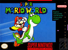 The game's SNES boxart, depicting a caped Mario riding atop Yoshi against a plain blue background.