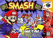 Image of various Nintendo characters fighting: Mario rushing at Pikachu, Fox punching Samus, Link holding his shield and Kirby waving at the player, with a Bob-omb next to him.