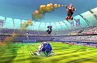 Airbourne cars above a football pitch attempting to hit a ball situated beneath them