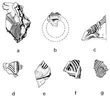 Black and white line drawings of the seven fragments that do not correspond to any known design on the helmet.